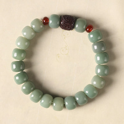 Buddha Stones Bodhi Seed Auspicious Cloud Fu Character Bead Peace Bracelet Bracelet BS Green Bodhi Seed(Wrist Circumference 14-15cm) Small Leaf Red Sandalwood Fu Character