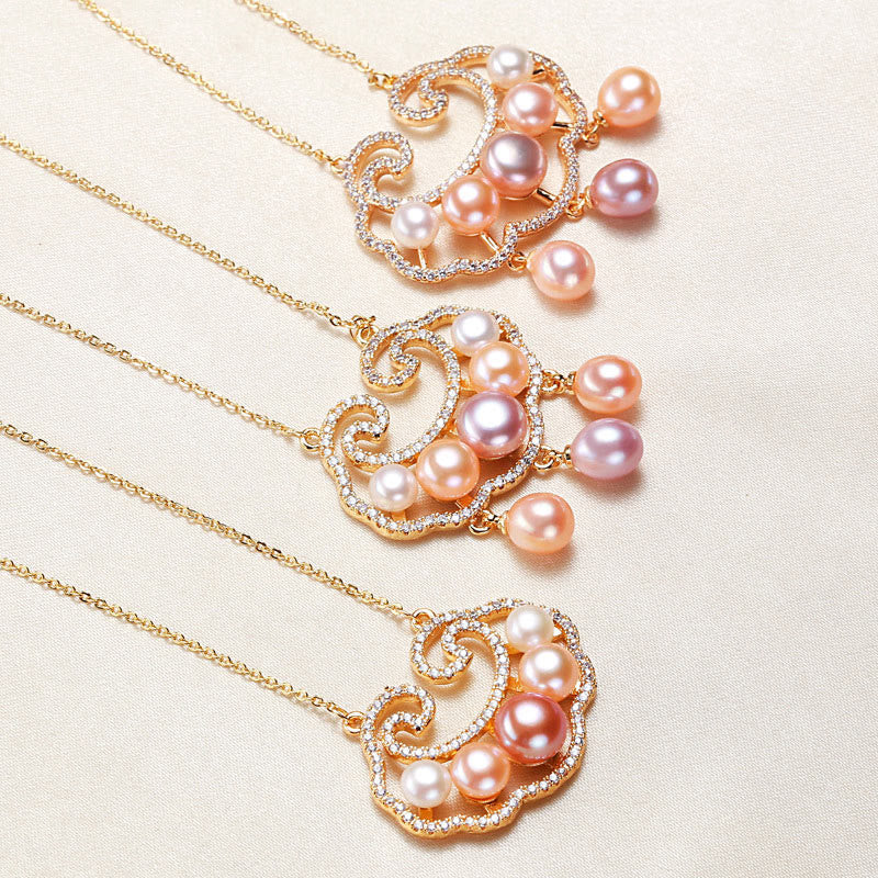 Buddha Stones 18K Gold Plated Natural Pearl Chinese Lock Charm Sincerity Necklace Pendant Necklaces & Pendants BS 1