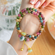 Bracelet double tour à breloque muguet, gourde en tourmaline multicolore et sagesse Foviel