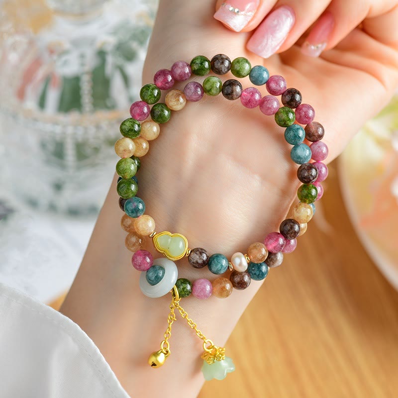 Buddha Stones Multicolored Tourmaline Gourd Wisdom Double Wrap Lily Of The Valley Charm Bracelet Bracelet BS Tourmaline(Positive♥Love)(Wrist Circumference 14-16cm)Double Wrap
