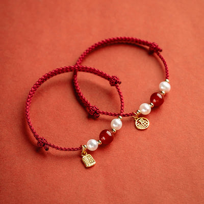 Buddha Stones 925 Sterling Silver Good Fortune Fu Character Agate Pearl Red String Braid Bracelet - image 1