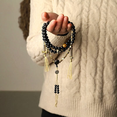 Buddha Stones Tibetan 108 Mala Beads Black Onyx Three-eyed Dzi Beads Protection Bracelet Mala Bracelet BS 1