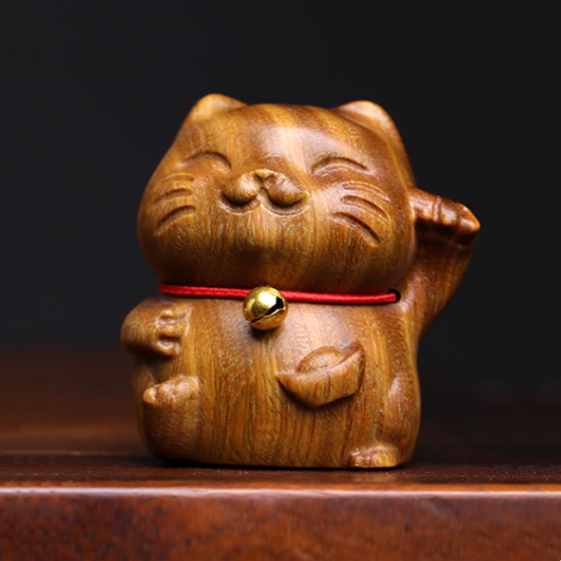 Buddha Stones Green Sandalwood Small Mini Cute Lucky Cat Peace Decorations Decorations BS Green Sandalwood 4.5*5cm