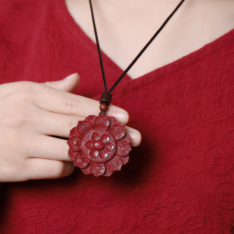 Buddha Stones Natural Cinnabar Lotus Om Mani Padme Hum Blessing Necklace String Pendant Necklaces & Pendants BS 3