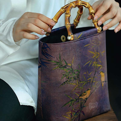 Buddha Stones Purple Magpie Birds Branches Bamboo Handles Handbag Handbags BS 7