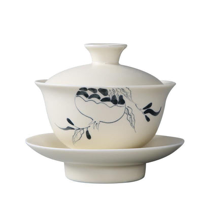 Buddha Stones Hand Painted Pomegranate Hibiscus Pine Lotus Ceramic Gaiwan Sancai Teacup Kung Fu Tea Cup And Saucer With Lid Cup BS 4