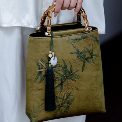Buddha Stones Yellow Green Bamboo Leaves Bamboo Handles Handbag Handbags BS 7