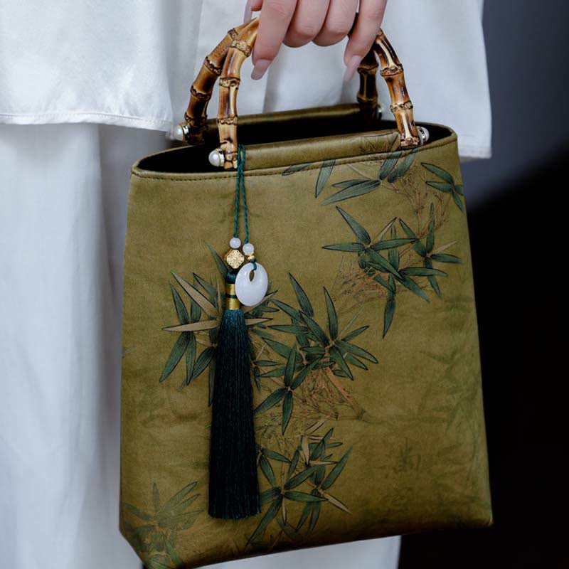 Buddha Stones Yellow Green Bamboo Leaves Bamboo Handles Handbag Handbags BS 7