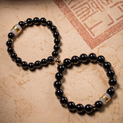 Foviel Black Obsidian Jade Om Mani Padme Hum Strength Couple Magnetic Bracelet