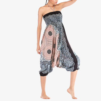 Buddha Stones Two Style Wear Round Geometric Pattern Loose Smocked Harem Trousers Jumpsuit High Waist Women's Yoga Pants Harem Pants&Bodysuit BS 35