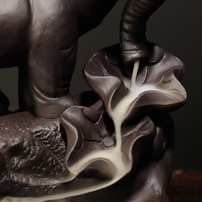 Buddha Stones Tibetan Elephant Purple Clay Backflow Smoke Fountain Peace Healing Incense Burner Decoration Incense Burner BS 15