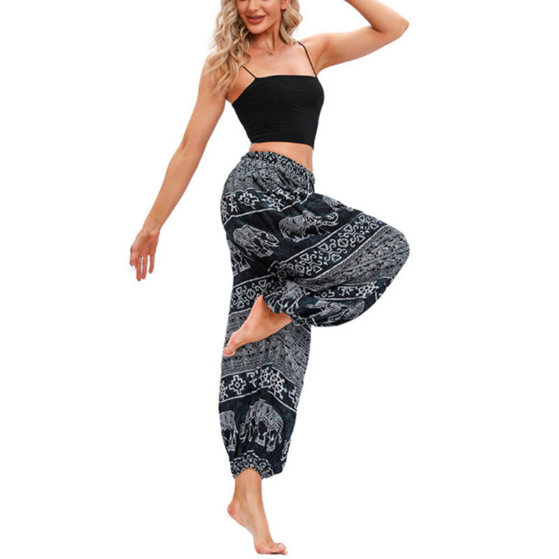 Buddha Stones Elephant Geometry Pattern Casual Loose Harem Trousers Women's Yoga Pants Women's Harem Pants BS 11