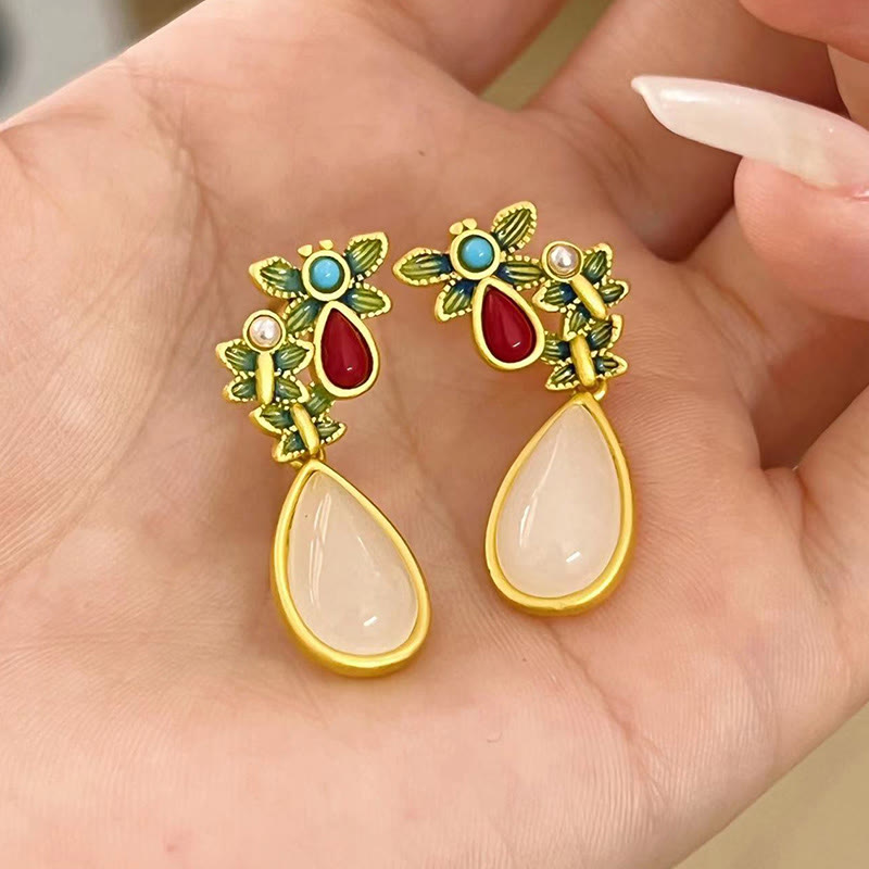 Buddha Stones Water Drop White Jade Red Agate Butterfly Protection Drop Dangle Earrings Earrings BS 10