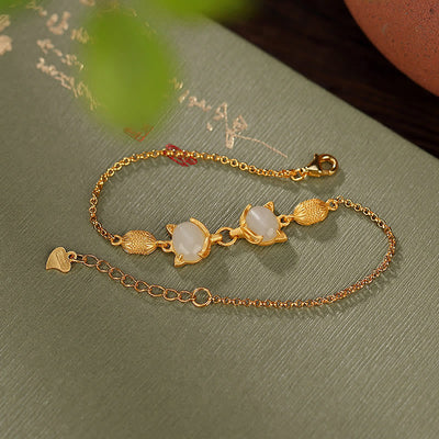 Buddha Stones 925 Sterling Silver Natural Hetian White Jade Cyan Jade Lovely Fox Luck Bracelet Bracelet BS 8
