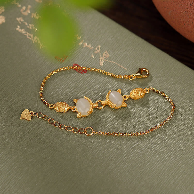 Buddha Stones 925 Sterling Silver Natural Hetian White Jade Cyan Jade Lovely Fox Luck Bracelet Bracelet BS 8