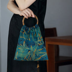 Buddha Stones Blue Green Bamboo Leaves Bamboo Handles Handbag Handbags BS Blue Green Bamboo Leaves 27*29cm