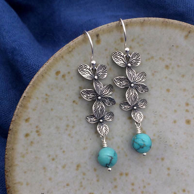 Buddha Stones 925 Sterling Silver Turquoise Lazurite Flower Leaf Serenity Protection Hook Drop Dangle Earrings - Turquoise&925 Sterling Silver - image 0