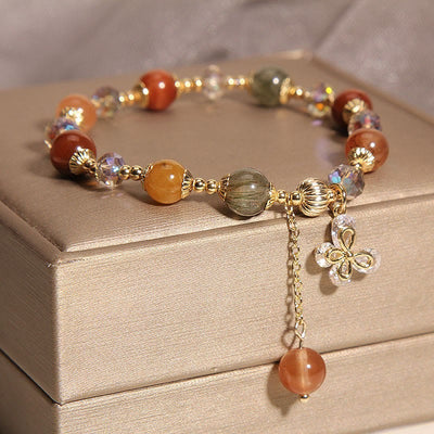 Buddha Stones Natural Fu Lu Shou Rainbow Crystal Rutilated Quartz Wealth Butterfly Charm Bracelet Bracelet BS 1