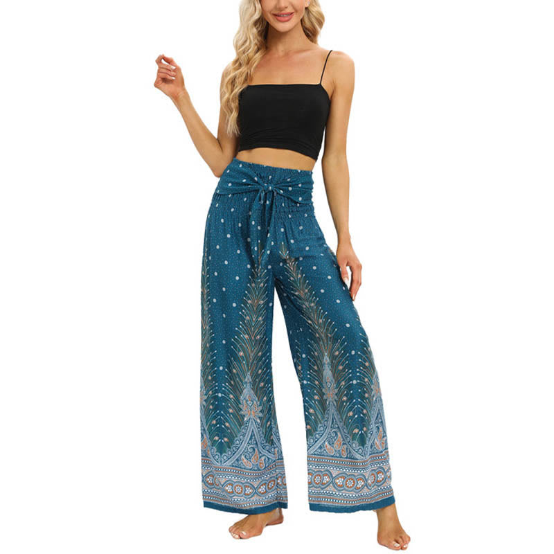 Buddha Stones Boho Peacock Feathers Lace-up Wide Leg Pants Women's Yoga Pants Women's Wide Leg Pants BS 12