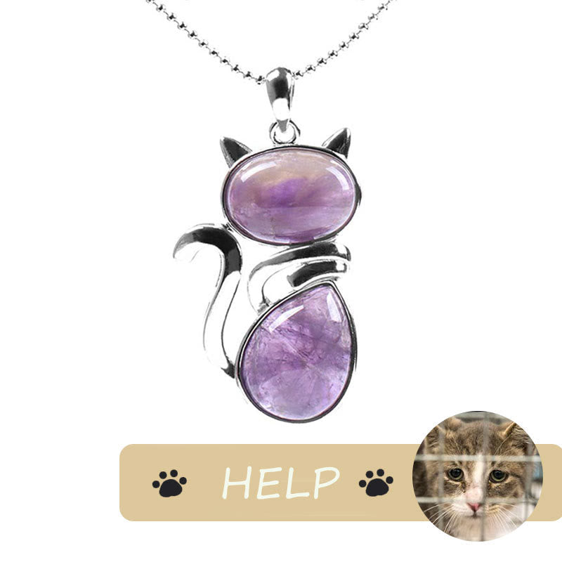 "Save A Cat" Cute Cat Pattern Natural Crystal Protection Cat-Loving Pendant Necklace - Amethyst - image 4