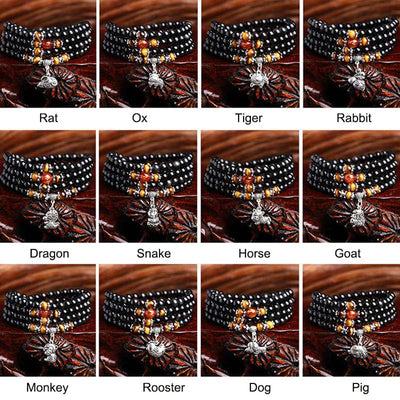 Chinese Zodiac 108 Beads Black Obsidian Tiger Eye Fortune Mala Bracelet Mala Bracelet BS Black Obsidian&Tiger Eye Pig