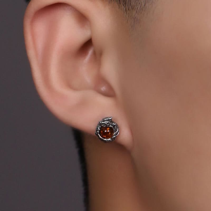 Buddha Stones 925 Sterling Silver Natural Amber Dragon Success Protection Stud Earring Earrings BS 5