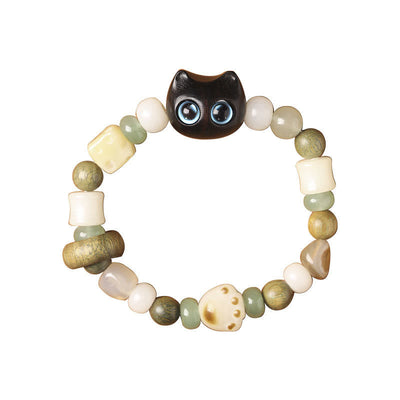 Bracelet de paix Foviel avec tête et patte de chat en graine de Bodhi, bois de santal vert, bois d'ébène et bois de santal rouge à petites feuilles