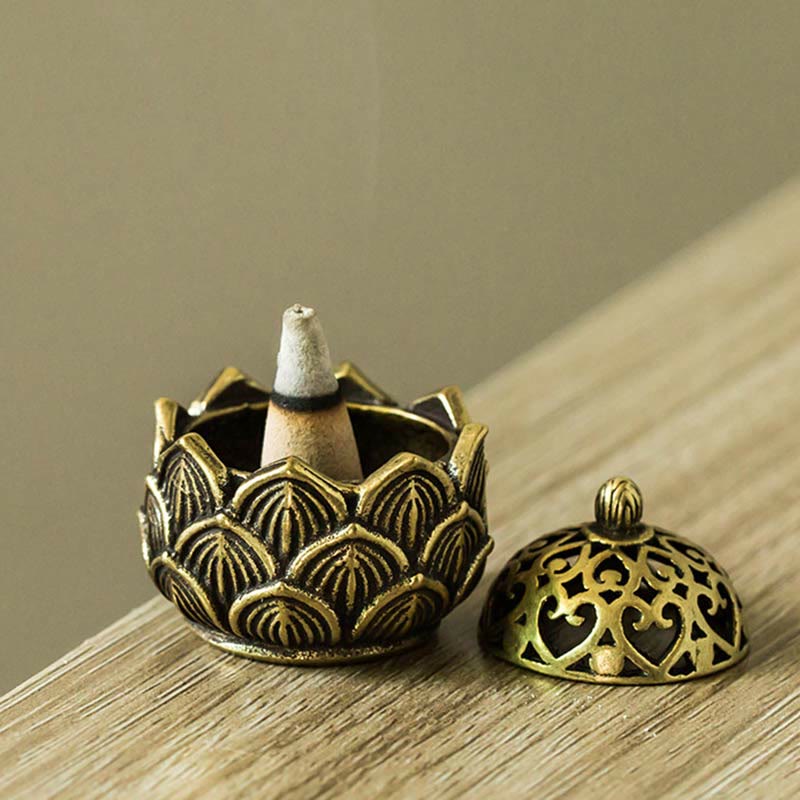 Buddha Stones Tibetan Mini Lotus Pattern Meditation Copper Incense Burner Incense Burner BS Lotus