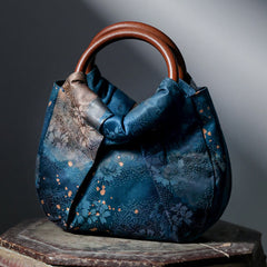 Buddha Stones Handmade Jacquard Flower Blue Wooden Handle Handbag Handbags BS Blue Flower 23*25*5cm