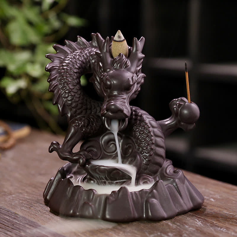 Buddha Stones Auspicious Dragon Ceramic Backflow Smoke Fountain Meditation Healing Incense Burner Led Ball Decoration Incense Burner BS Dragon