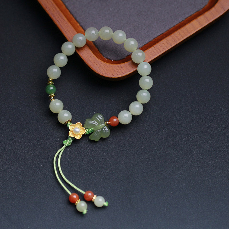 Buddha Stones 925 Sterling Silver Jade Luck Flower Butterfly Bracelet Bracelet BS 2