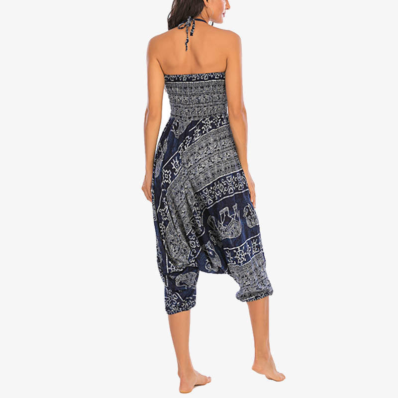 Buddha Stones Two Style Wear Elephant Pattern Loose Smocked Harem Trousers Jumpsuit Women's Yoga Pants Harem Pants&Bodysuit BS 40