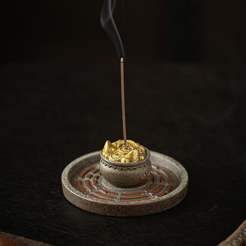 Buddha Stones Small Treasure Bowl Lucky Bag Bagua Tray Healing Ceramic Stick Incense Burner Decoration Incense Burner BS 7