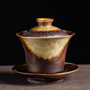 Gaiwan en porcelaine céramique Foviel style vintage marron avec changement au four, tasse à thé Kung Fu Sancai avec soucoupe et couvercle