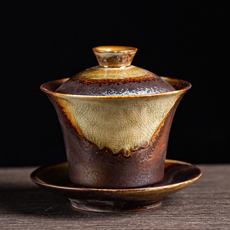 Buddha Stones Vintage Brown Kiln Change Design Porcelain Ceramic Gaiwan Sancai Teacup Kung Fu Tea Cup And Saucer With Lid Cup BS 10cm*10.5cm*200ml