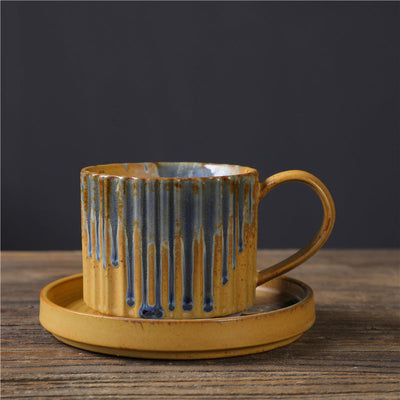Buddha Stones Retro Striped Kiln Change Ceramic Coffee Mug Rough Pottery Tea Coffee Cup With Saucer 250ml Coffee Mug BS Yellow Blue 12cm*8.5cm*7cm*250ml