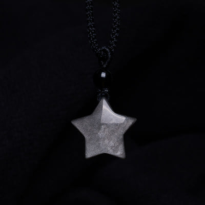 Buddha Stones Natural Silver Sheen Obsidian Star Crescent Moon Protection Necklace Pendant Necklaces & Pendants BS 3
