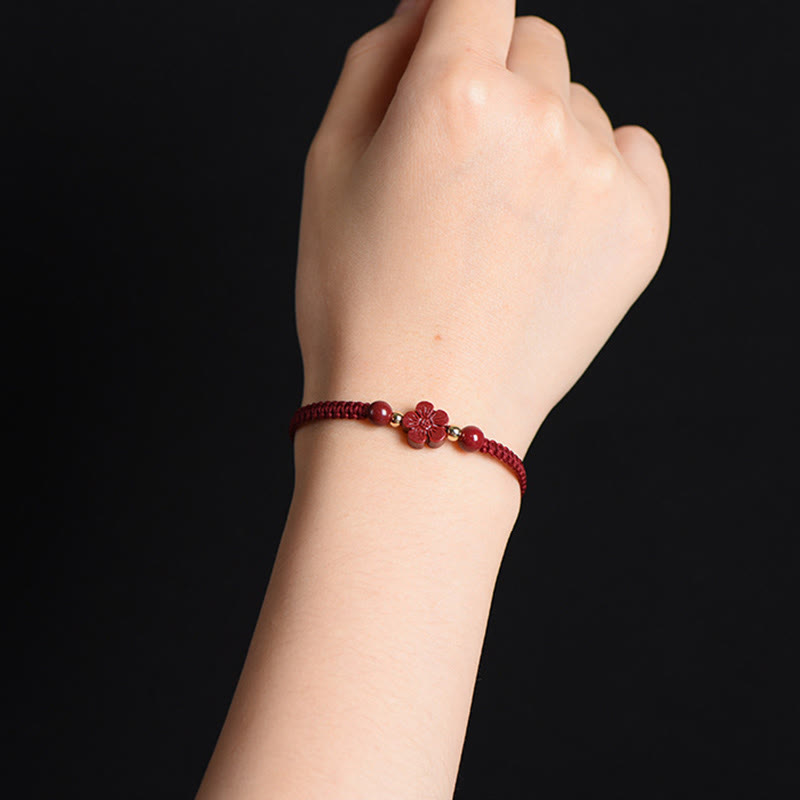 Buddha Stones Four Leaf Clover Five-petal Flower Cinnabar Blessing Red String Bracelet Bracelet BS 14