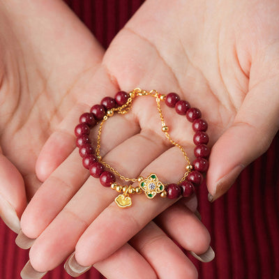 Buddha Stones 925 Sterling Silver Natural Cinnabar Four Leaf Clover Flower Blessing Chain Bracelet Bracelet BS 7