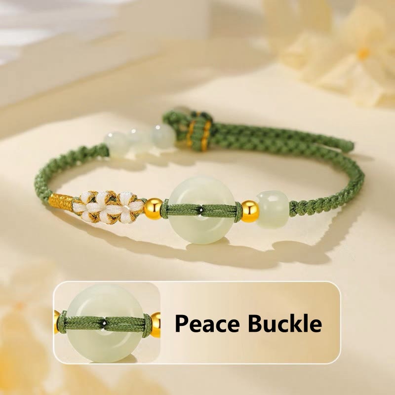 Buddha Stones Hetian Jade Peace Buckle Luck Peach Blossom Braided Bracelet Bracelet BS 2