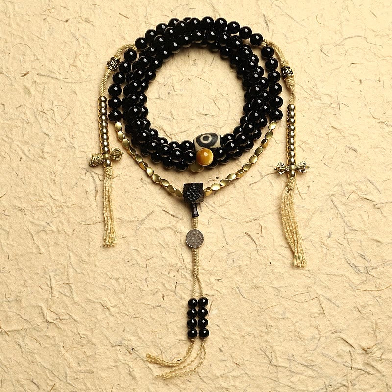 Buddha Stones Tibetan 108 Mala Beads Black Onyx Three-eyed Dzi Beads Protection Bracelet Mala Bracelet BS 8mm Black Onyx&Copper