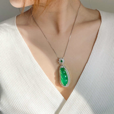 Buddha Stones Fortune Bean Cyan Jade Luck Necklace Pendant Necklaces & Pendants BS 1