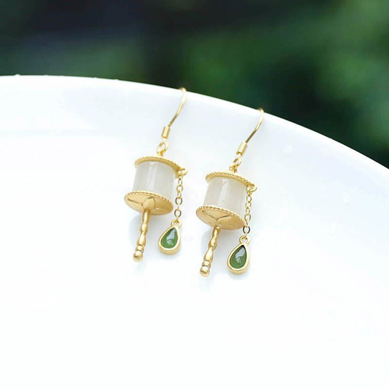 Buddha Stones 925 Sterling Silver Jade Prayer Wheel Luck Drop Earrings Earrings BS 8