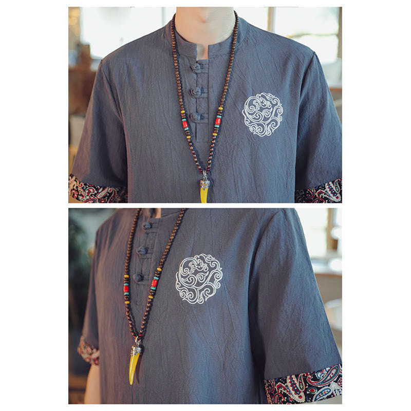 Buddha Stones Frog-Button Dragon Embroidery Chinese Tang Suit Short Sleeve Shirt Linen Men Clothing Men's Shirts BS 9