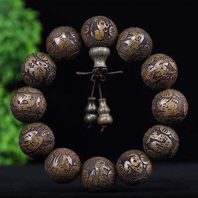 Foviel Chinese Zodiac Rosewood Ebony Copper Coin PiXiu Carved Warmth Bracelet