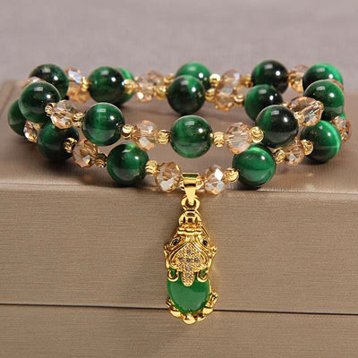 Buddha Stones Tiger Eye Pixiu Fox Money Bag Protection Self Confidence Double Wrap Bracelet Bracelet BS Green Tiger Eye&Pixiu