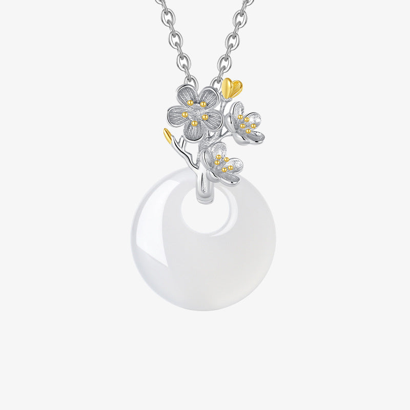 Buddha Stones 925 Sterling Silver Round Chalcedony Twelve Months Flower Harmony Necklace Pendant Necklaces & Pendants BS Apricot Blossom