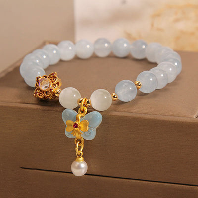 Buddha Stones Aquamarine Cat's Eye Healing Butterfly Pearl Charm Bracelet Bracelet BS 5