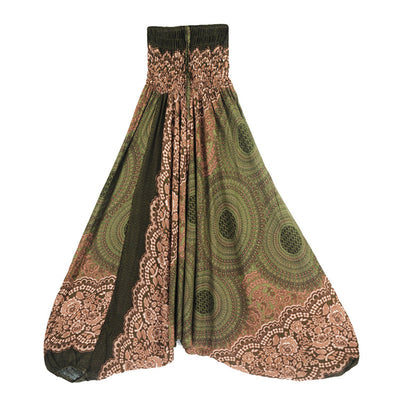 Buddha Stones Two Style Wear Round Geometric Pattern Loose Smocked Harem Trousers Jumpsuit High Waist Women's Yoga Pants Harem Pants&Bodysuit BS Light Green(Waist 60-100cm)