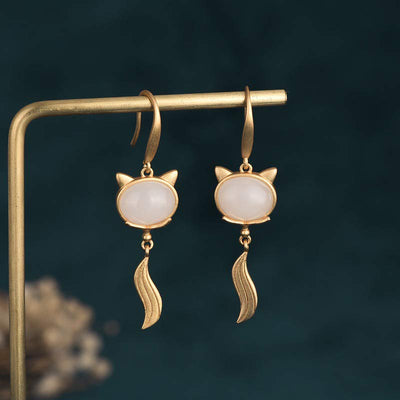Buddha Stones FengShui White Jade Fox Fortune Earrings Earrings BS 1